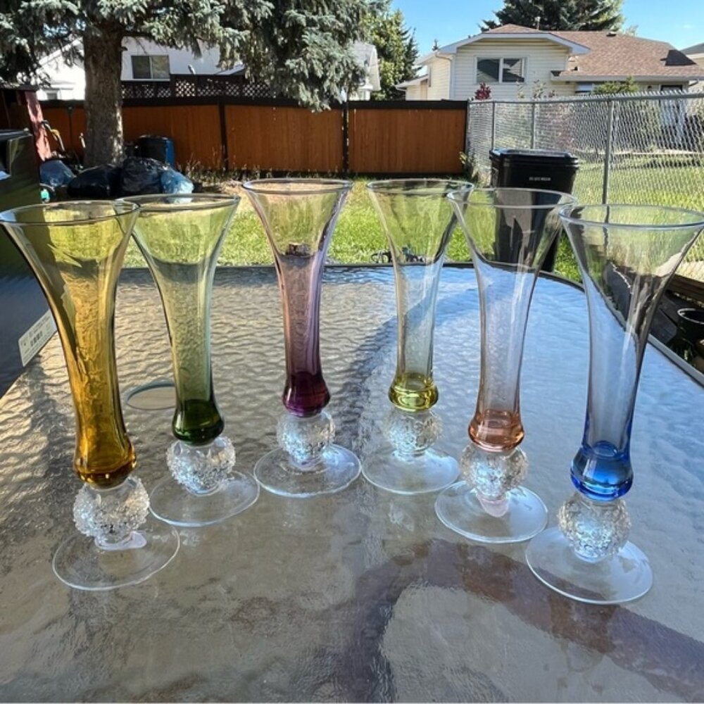 Bombay 6 Multicolored Champagne Flutes With Icy Ball Bubble Bead Stems Glasses